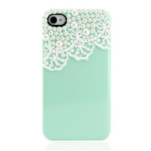 Hand Made Lace and Pearl Green Hard Case Cover for iPhone 4 4G 4S