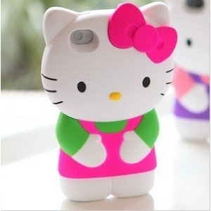 3d Sanrio- Hello Kitty Case/cover/protector Pink Ribbon with Light Green & Pink Outfit Fits All Models of Iphone 4 & 4s