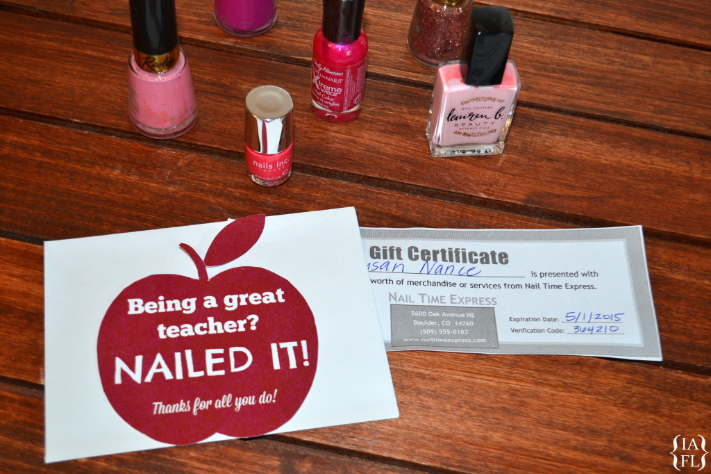 NAILED it!  Free  Printable Teacher Appreciation gift tag to attach to nail polish of a salon gift certificate!  ♥ this!!
