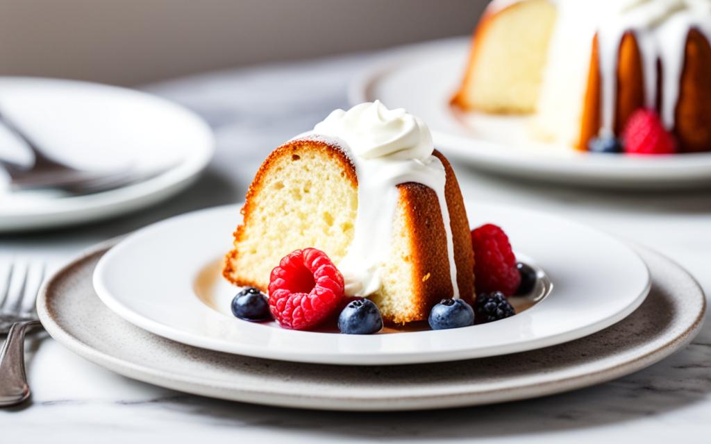 Serving vanilla bundt cake with macerated berries and whipped cream
