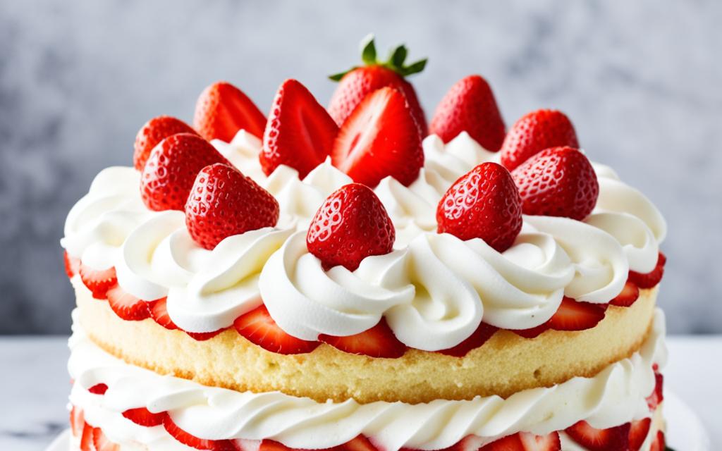 Whipped cream and fresh strawberries on a Cream and Strawberry Sponge Cake