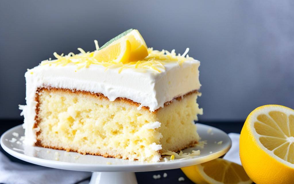 whipped coconut cream cheese frosting on a lemon coconut cake
