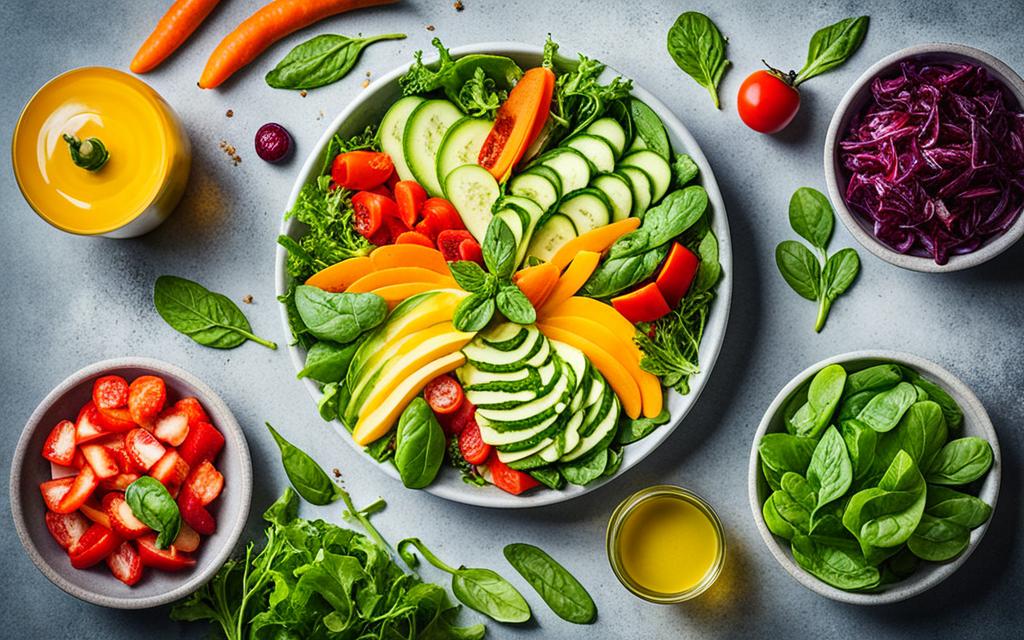 green salad recipe with fresh crunchy vegetables and fruit