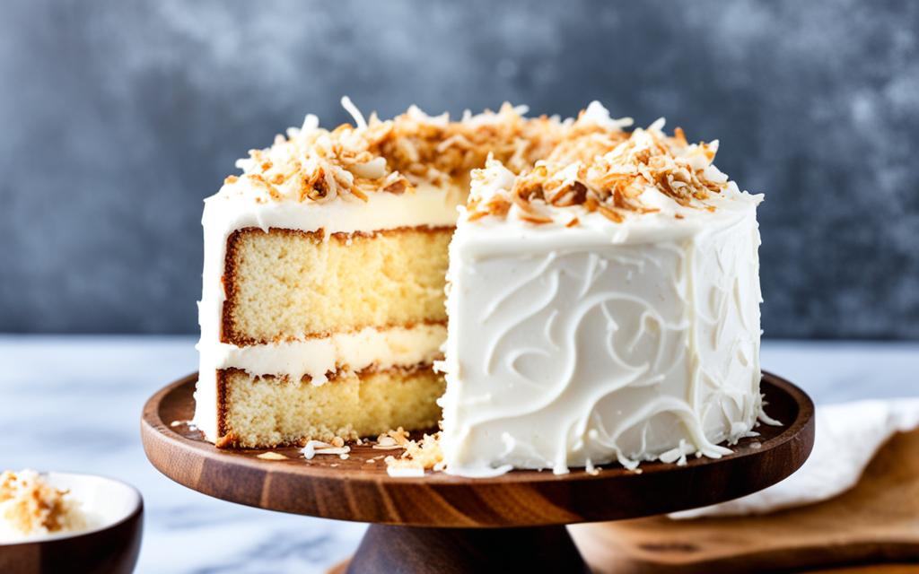 Cream cheese frosting on coconut cake