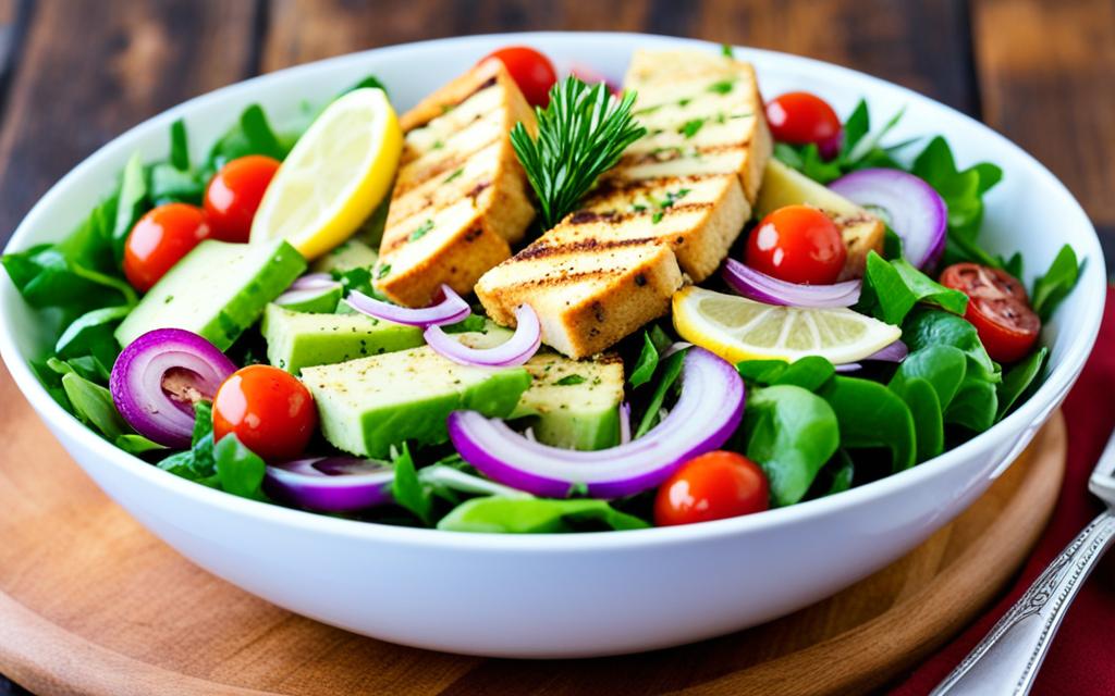 spring mix salad with lemon baked tofu