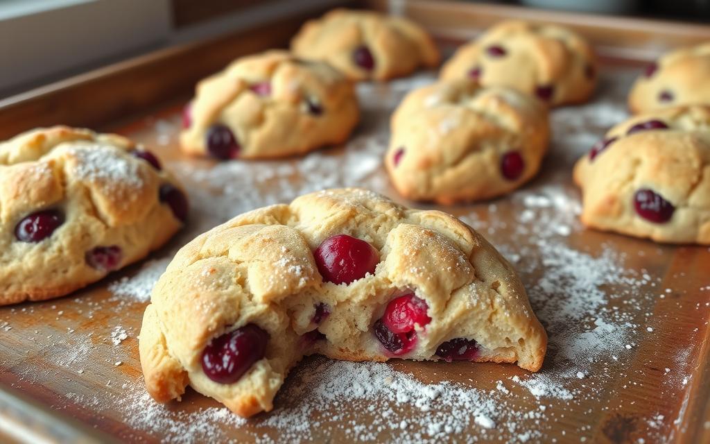 Cherry scones on a baking sheet