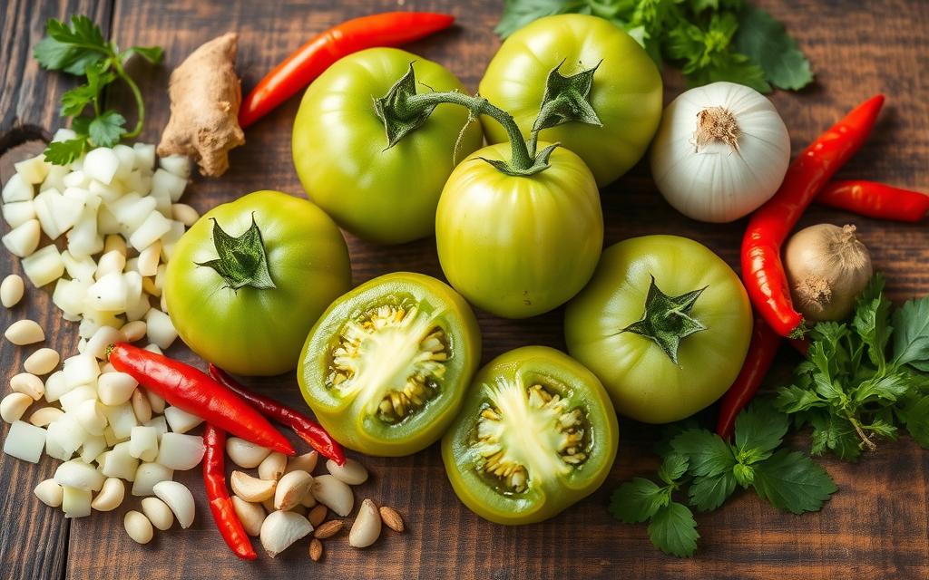 Green tomatoes and ingredients