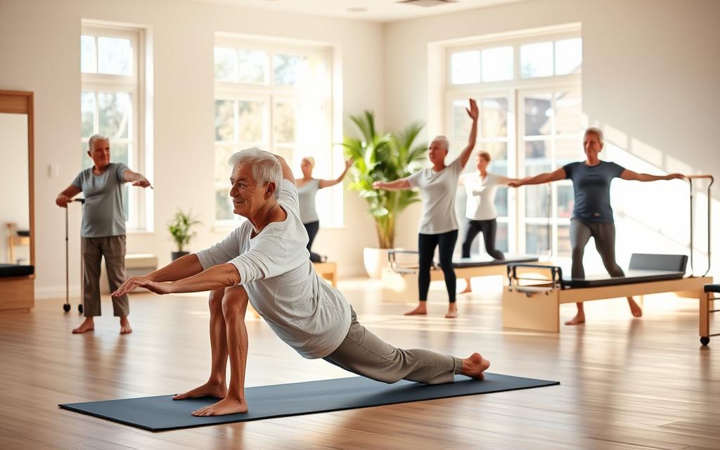 Seniors Performing Pilates Exercises