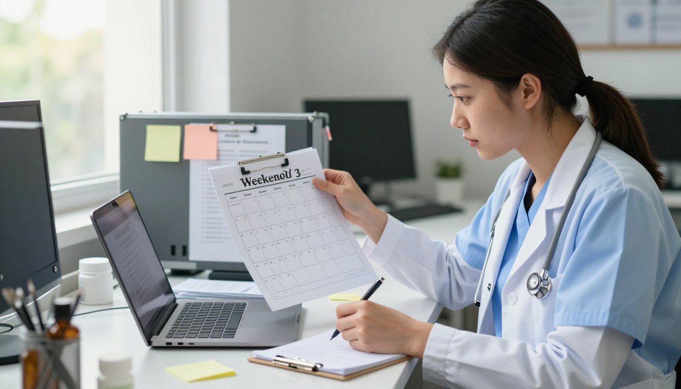 Healthcare worker checking a weekend shift calendar